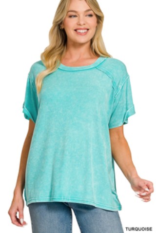 Zenana-Washed Ribbed Short sleeve Boat Neck Top