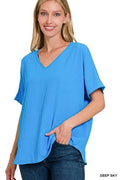 Zenana- Woven Airflow V-neck Short Sleeve Top