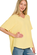 Zenana- Woven Airflow V-neck Short Sleeve Top
