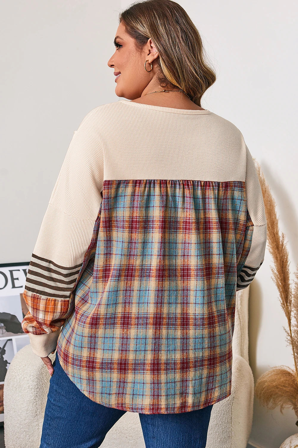 Waffle Colorblock Patchwork Pullover