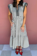 Black Stripe Plus Slit V Neck Tiered Flutter Sleeve Maxi Dress
