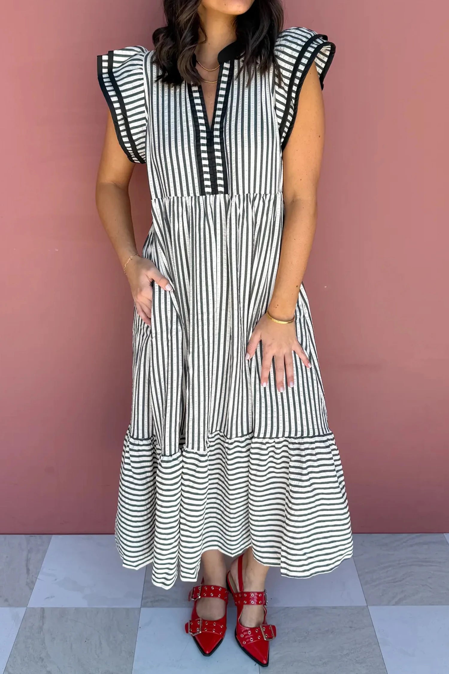 Black Stripe Plus Slit V Neck Tiered Flutter Sleeve Maxi Dress