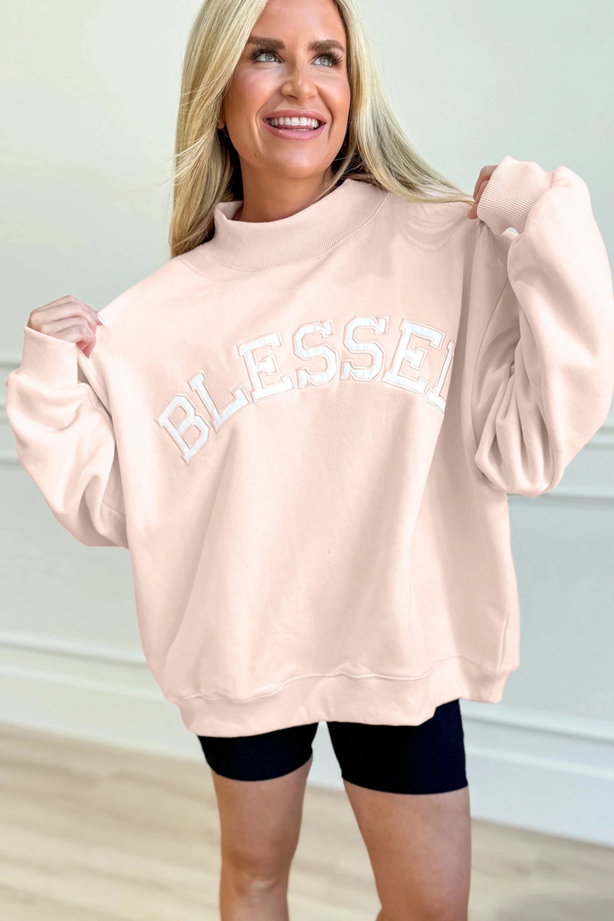 Light Pink Blessed Embroidered Mock Neck Sweatshirt