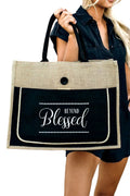 Black BEYOND Blessed Printed Vintage Burlap Tote Bag