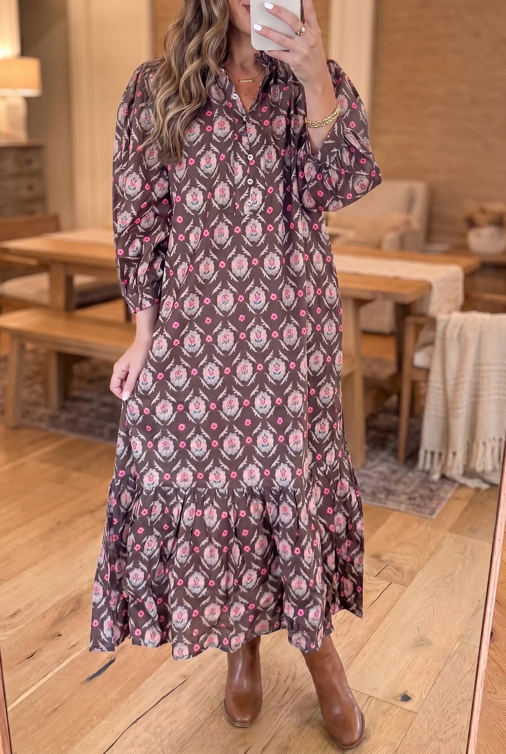 Brown Floral Print Button Front Ruffle Hem Midi Dress