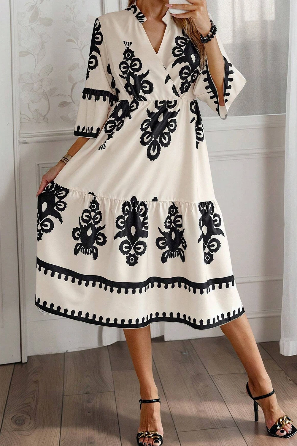 Beige Western Geometric Print 3/4 Sleeve Loose Midi Dress- Ready to ship 5/14/2026