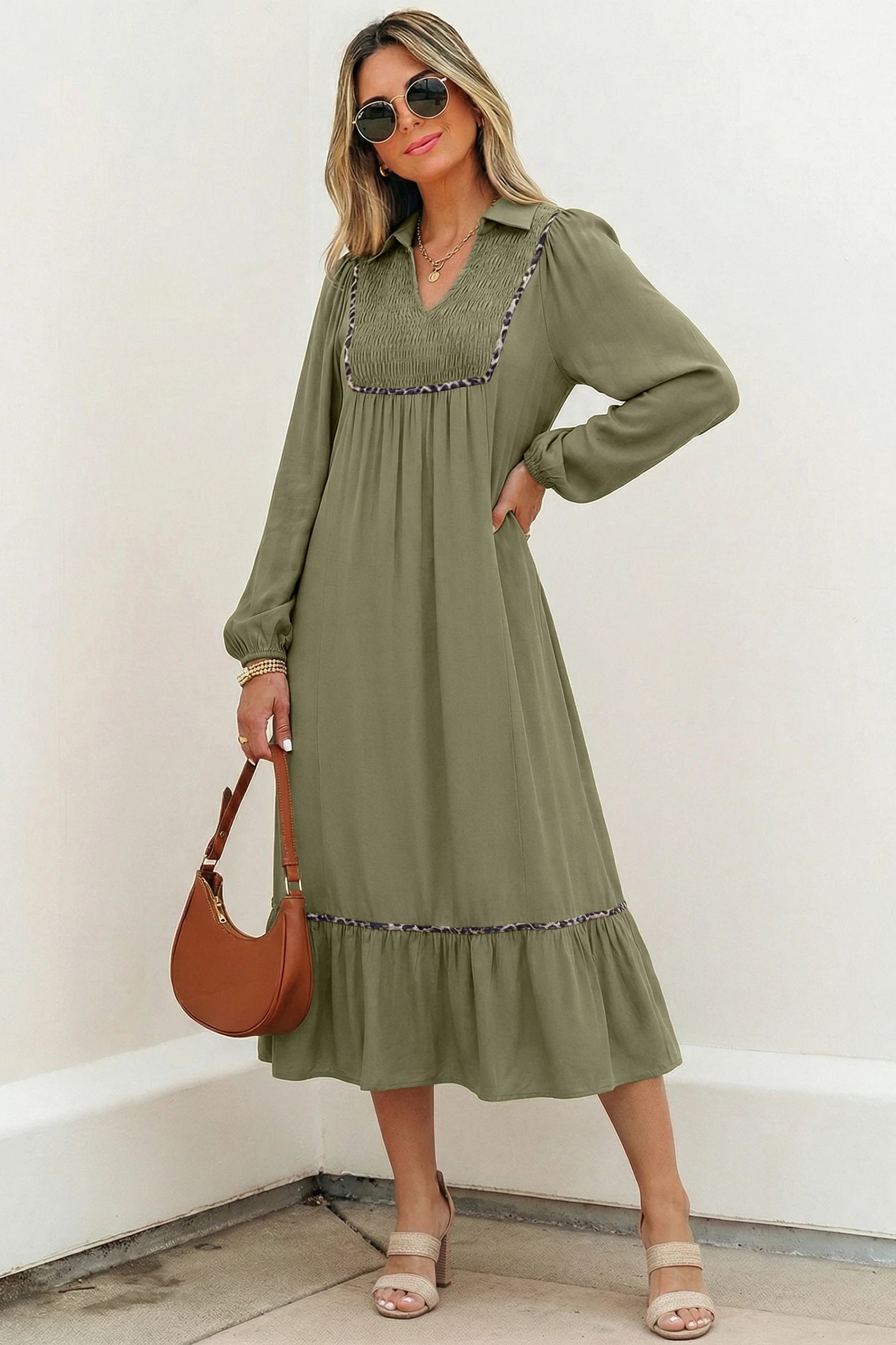 Green smocked Leopard Trim Bracelet Sleeve Dress