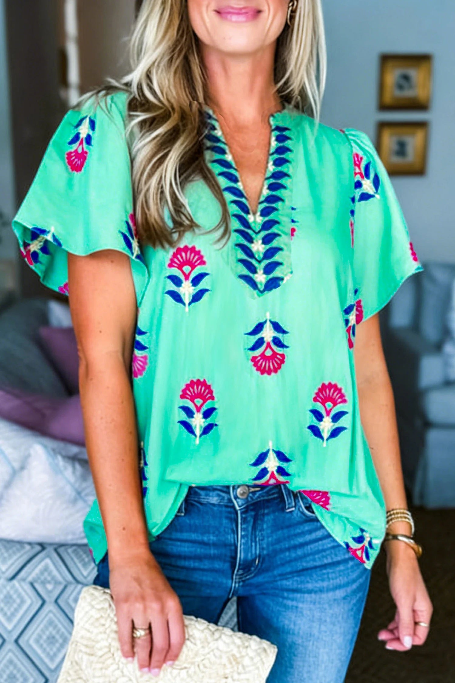 Green Floral V Neck Flutter Sleeve Blouse