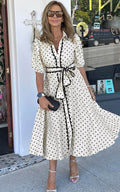 White Polka Dot Printed Contrast Scalloped Trim Shirt Collar Button Down Belted Midi Dress