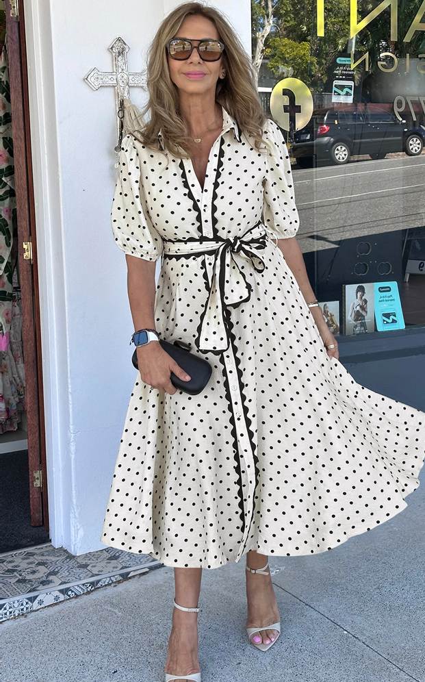 White Polka Dot Printed Contrast Scalloped Trim Shirt Collar Button Down Belted Midi Dress