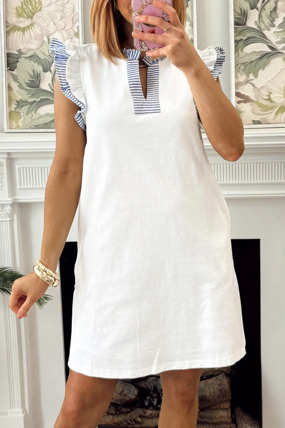 White Contrasted Striped Patchwork Split Neck Ruffle Trim Sleeveless Dress (Ready To Ship 5/14/26)