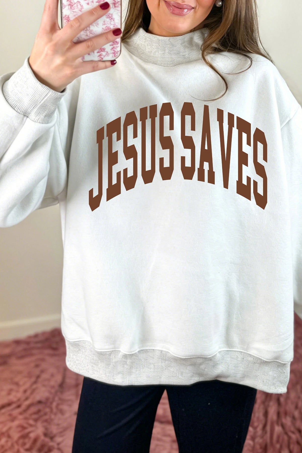 Light Grey Reversible Cross/JESUS SAVES Slogan Graphic Mock Neck Sweatshirt