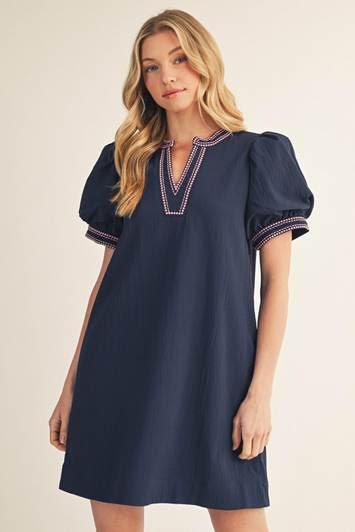 JODIFL- Embroidery Accent Crinkled Shift Dress