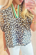 Khaki Leopard Color Block Contrast Striped V Neck Half Sleeve Loose Fit Blouse