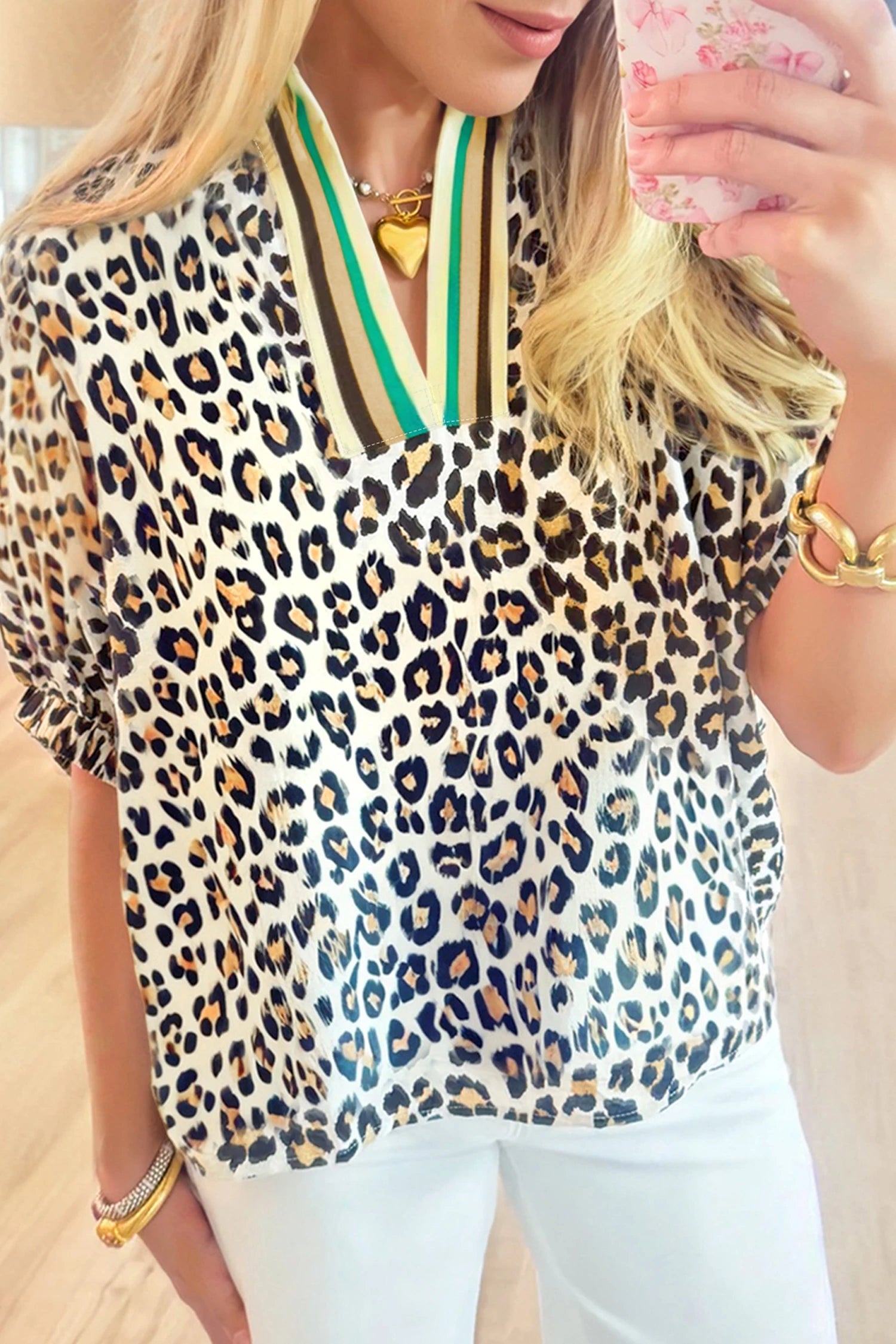 Khaki Leopard Color Block Contrast Striped V Neck Half Sleeve Loose Fit Blouse