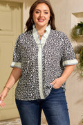 Black Plus Leopard Print Striped Color Block Trim Frilled V Neck Short Sleeve Blouse