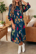Blue Floral Print Gathered Neckline 7/8 Sleeve Casual Midi Dress