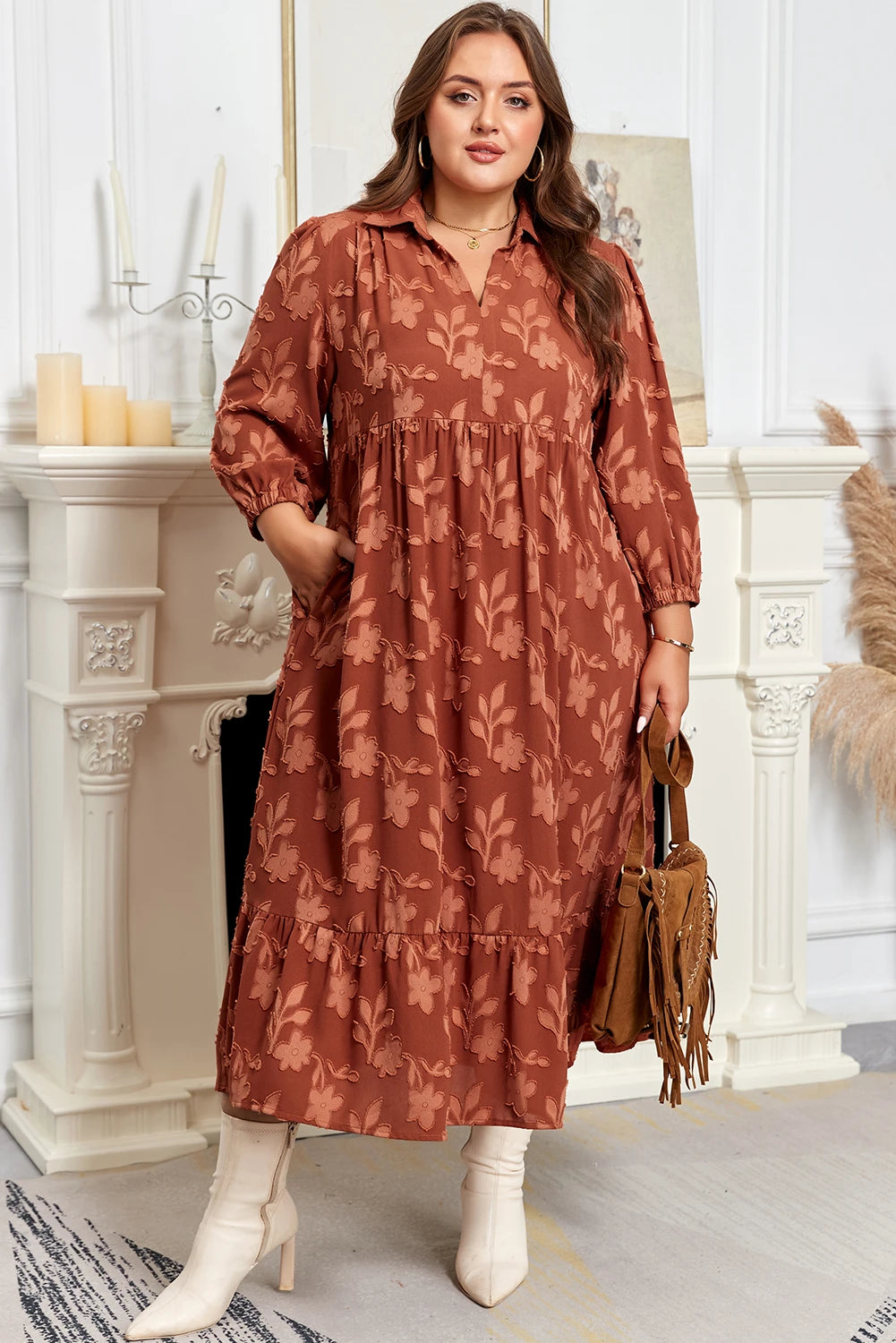 Floral Texture Detail 3/4 Length Sleeve Midi Dress