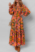 Orange Floral Puff Sleeve Smocked Bodice Dress