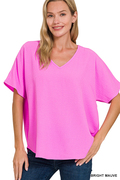 Zenana- Woven Airflow V-neck Short Sleeve Top