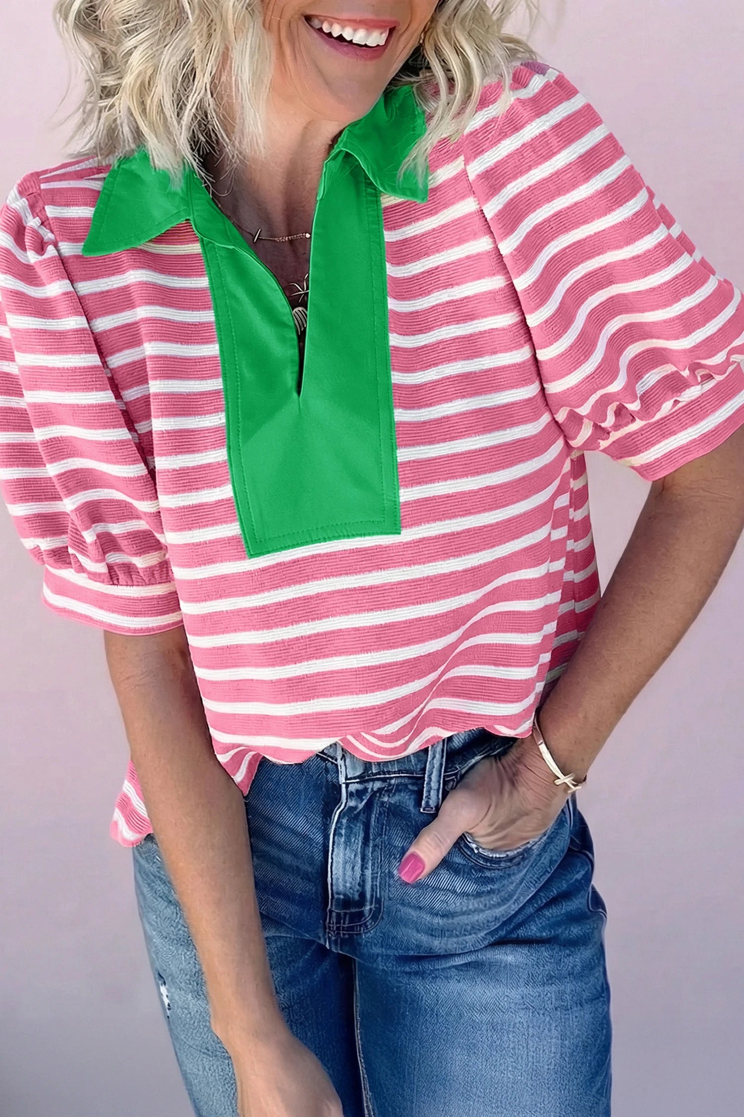 Pink Stripe Short Puff Sleeve Color Block Polo Collar Blouse