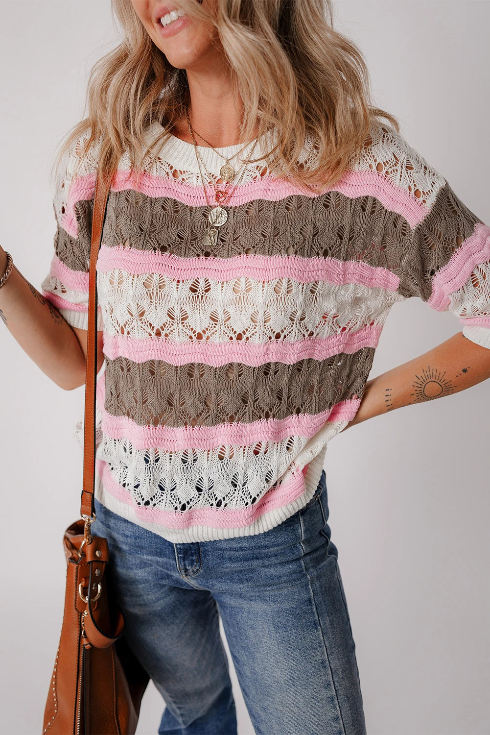 Brown Stripe Color Block Hollow Out Crochet Half Sleeve Sweater