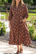 Brown Polka Dot V Neck Abdomen Pocket Gathered Cuffs Long Sleeve Shift Plus Size Dress