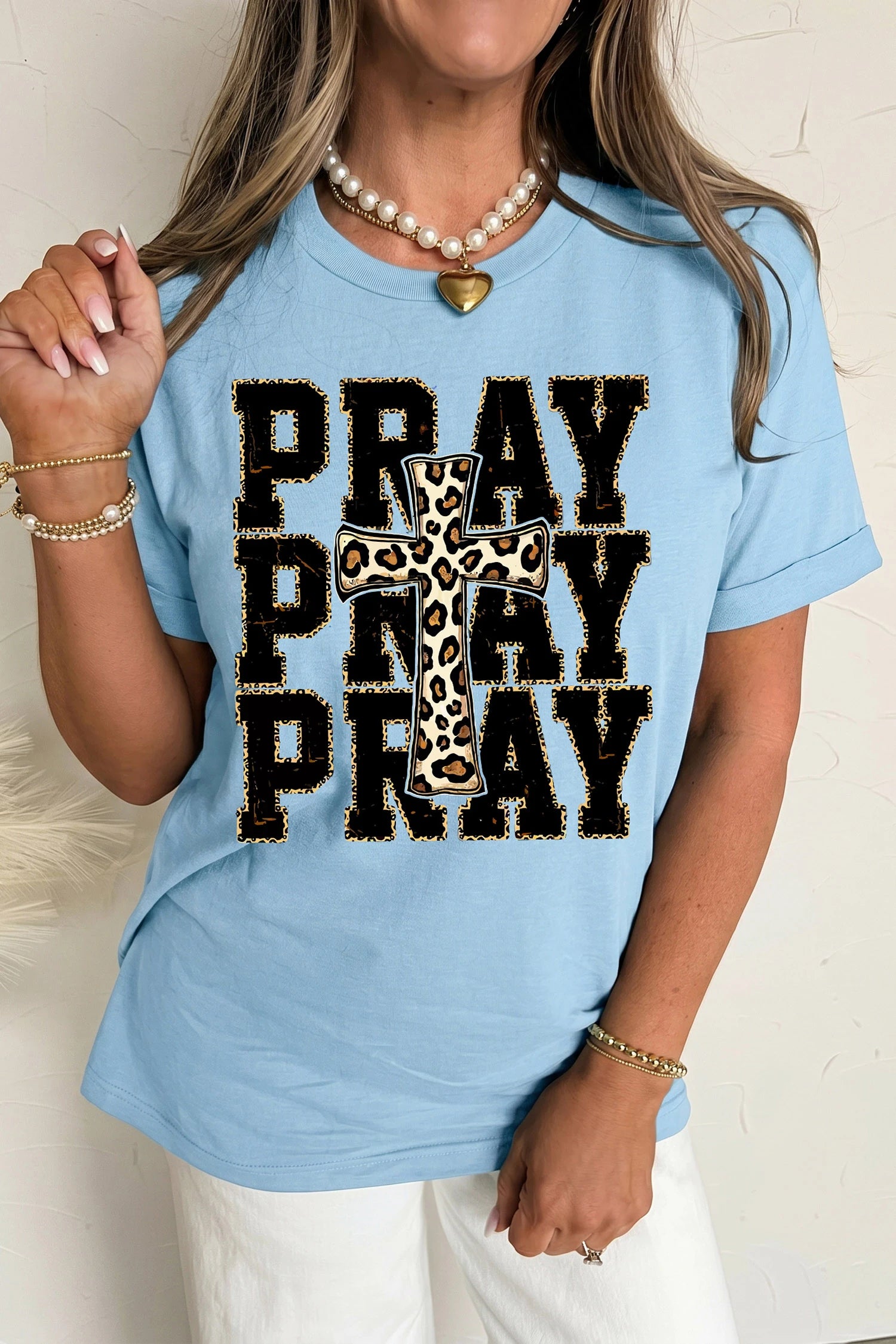 Light Blue PRAY Leopard Cross Graphic T Shirt