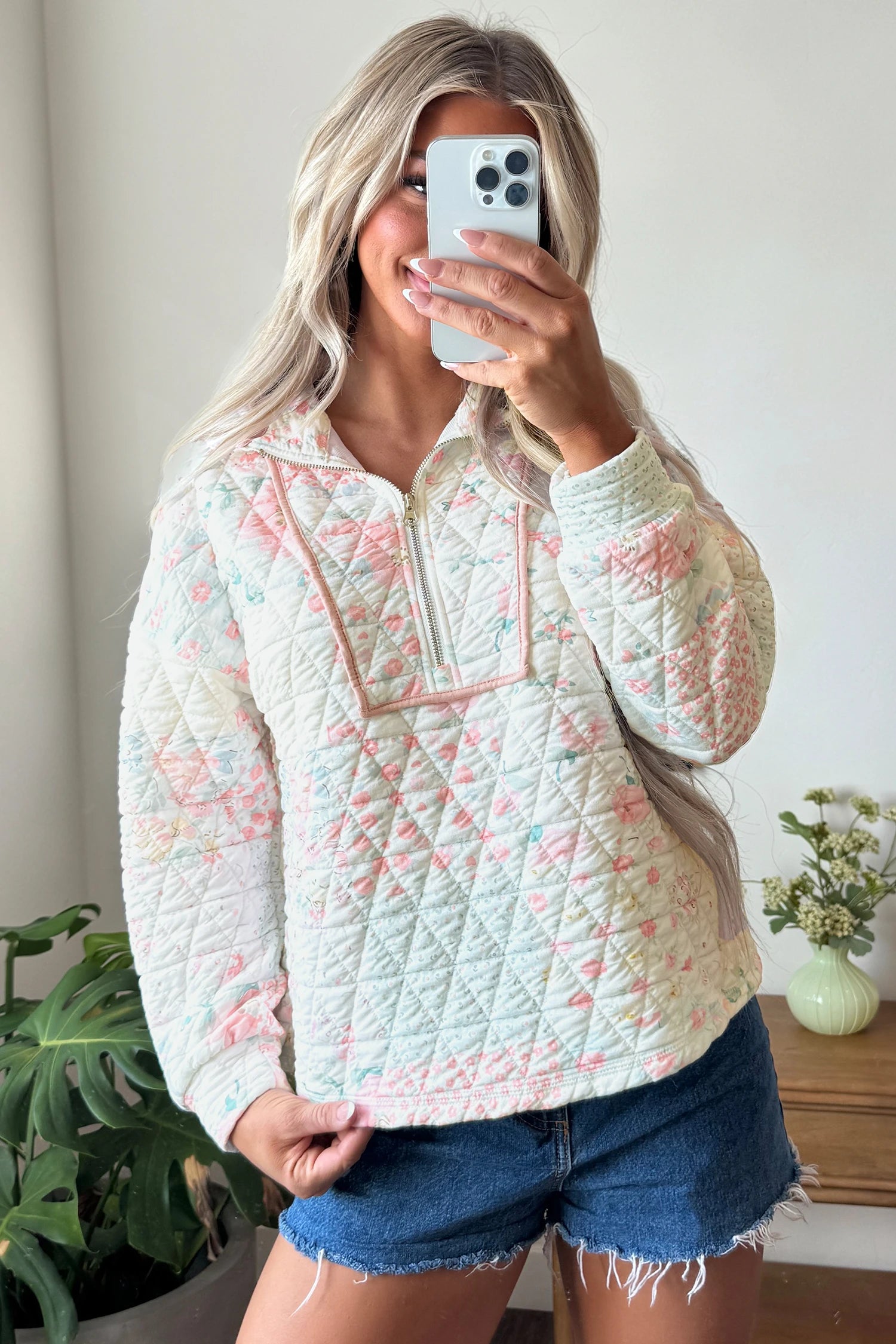 Multicolor Floral Quilted Metal Zipper Collar Long Sleeve Sweatshirt ...