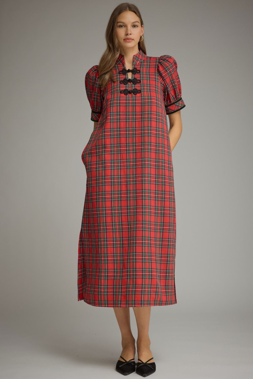 Entro *PRE-ORDER : Tartan plaid short puff sleeve midi dress