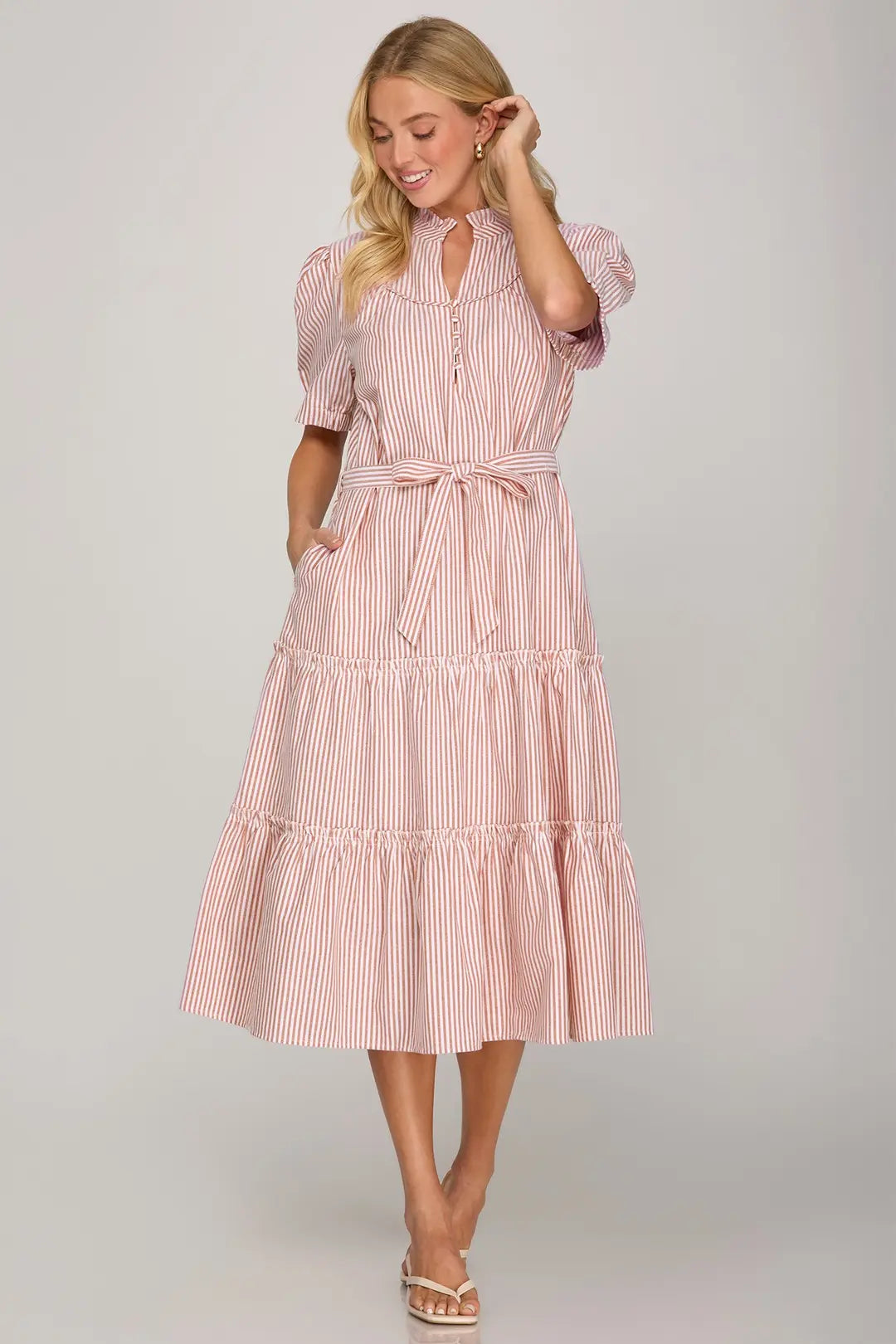 She+Sky Light Taupe Striped Midi Dress