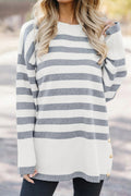 Gray Stripe Ribbed Buttoned Detail Drop Shoulder Tunic Sweater