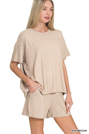 Zenana- Soft Melange Short Sleeve Tee & Short Pants Set