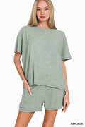 Zenana- Soft Melange Short Sleeve Tee & Short Pants Set