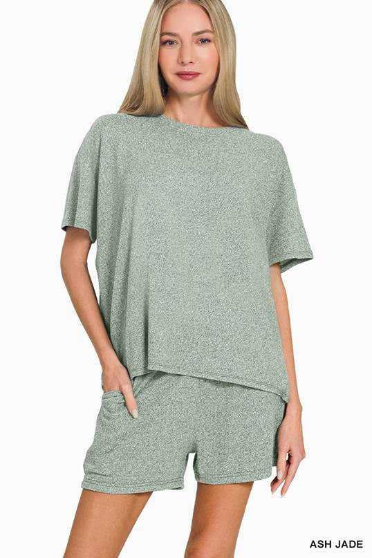 Zenana- Soft Melange Short Sleeve Tee & Short Pants Set